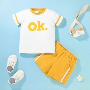 Summer Bambini Set Casual Manica corta O Collo Stampa OK T-Shirt Orange Shorts 2pcs Girl Boys Vestiti 210629