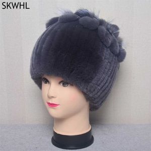 Fashion Fur Hats for Women Winter Real Rex Rabbit Hat Knitting Female Warm Snow Caps Ladies Elegant Princess Beanies Cap 211119