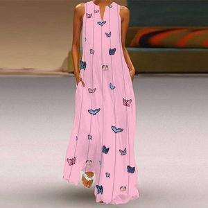 Sleeveless V Neck Print Pocket Boho Casual Long Dress Women Summer Loose Daily Streetwear Plus Size Beach Party Dresses 210608