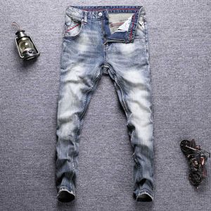 Włoski Styl Moda Mężczyźni Dżinsy Wysokiej Jakości Elastyczna Slim Fit Ripped Hafciarski Projektant Vintage Casual Denim Spodnie 1zjs