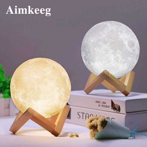 Aimkeeg USB Rechargeable 3D Print Moon Lamp 2 Color Change Touch Switch Bedroom table Night Light Home Decor Creative Gift Y0910