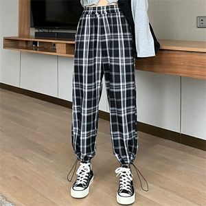 Houzhou Harajuku Ekose Pantolon Kadınlar Yüksek Waisted Kore Stil Boy Kadın Düz Casual Demet Bacaklar için Damalı Pantolon X0629