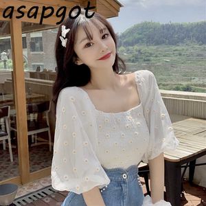 Blouses & Shirts Sweet Girls Fashion Summer Fresh Korean Square Neck Lantern Short Sleeve Daisy Embroidery Blouse Chiffon 210610