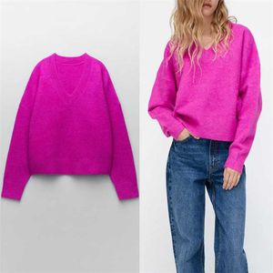ZA Winter Soft Knit Sweater Woman Long Sleeve V Neck Ribbed Sweaters Fuchsia Knitted Tops Female Vintage Fitted Pullover 211018