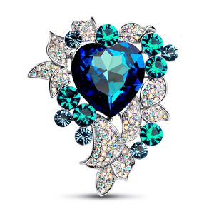 Retail Valentines Blue Austrian Crystal Love Heart Design Brooch For Women Scarf Lapel Pin Mom Jewelry Best Gift