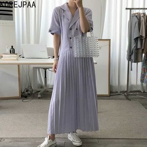 Korejpaaの女性のドレス夏の韓国のシックな女性のレトロな穏やかなスーツの襟のダブルブレストステッチ緩いプリーツvestidos 210526