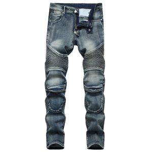 Denim Designer Moto Bike Straight Motorcycle Jeans för Mäns Storlek 42 Höst Vår Punk Rock Streetwear Riding Knee Guard Byxor 211108