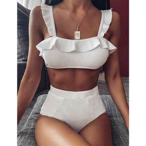 Sexy Wzburzyć Wysokiej Talii Bikini Stroje Kąpielowe Kobiety Swimsuit Push Up Set Solidne Kostium kąpielowy Summer Beach Wear Swimming 210629