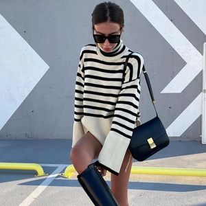Women's Sweaters 2021 French Autumn Winter Oversized Knitted Pullover Women Turtleneck Long Sleeve Khaki Striped Loose Sweater Casual Fashio