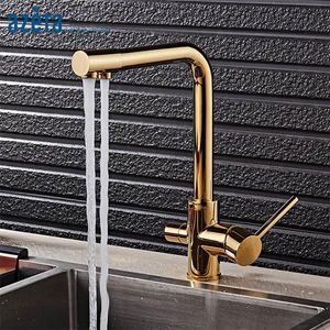 Küchenarmaturen AZETA Trinkwasserhahn Gold Messing Waschbecken Wasserhahn 360 drehbar 3-Wege-Reinigungsmischer AT7208G