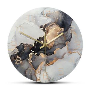 Abstract Alcohol Ink Printed Modern Art Marble Texture Silent Quartz Clock Watercolor Painting Home Decor Wall Watch 210310