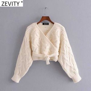 Zevidade Mulheres Vintage Cruz V Pescoço Crochet Curto Tricô Sweater Femme Chique Hem Bow amarrado Casual Cardigans Tops S685 210603