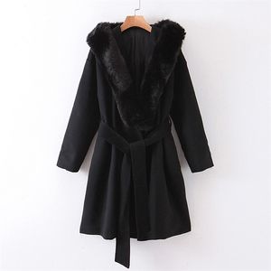 Vintage Chic Hooded Wool Jackets Women Fashion Oversized Fur Collar Coats Elegant Ladies Sashes Design Outerwear 210531