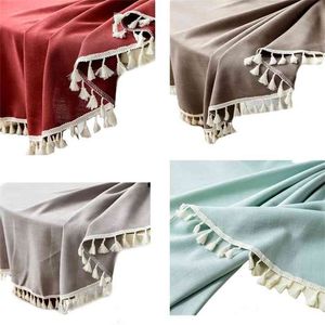 Nordic Style Tassels Round Bordduk Vanlig Fast Färg Dammsäker Vattentålig Faux Bomull Linen Kök Dinning Table Cover 210626