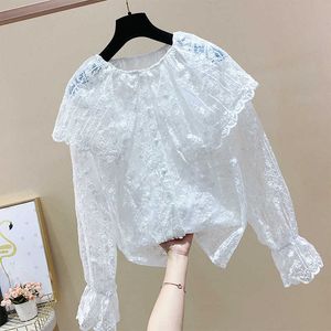 Solid All Match Hollow Perspektiv Peter Pan Collar Lace Flare Sleeve Shirts Spring Blouse Women 210615