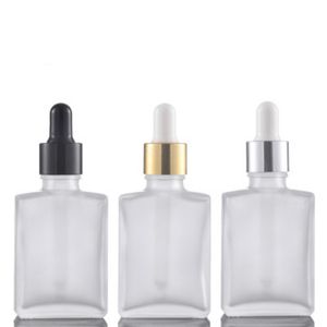 30 ml Vape quadrado Vape Liquid Liquid Glass Garrafa de vidro vazio frasco para retângulo de suco eletrônico com prata tampa preta dourada para oi essencial