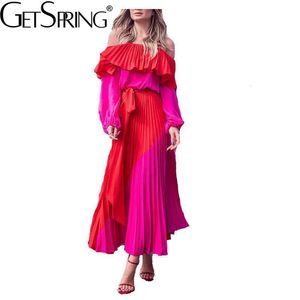 Grefling Women Dress Slash Off Shoulder Es Evening Party Plus Storlek Sommar Es Bandage Pläterad Lång Röd 210623