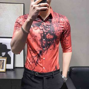 Beleza Impressão Camisas Homens Slim Streetwear Camisas Sociais Partido Nightclub Camisa Casual Verão Verão Manga Curta Cabelo Estilista Roupas 210527