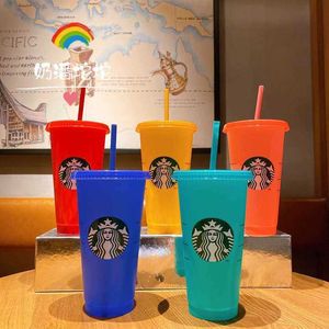 Återanvändbar Starbucks Färgbyte Kallskoppar Plast Tumbler med lock Återanvändbar Plastkopp Oz Sommarsamling puure