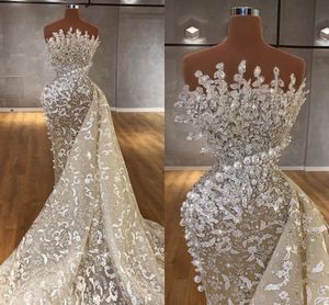 Luxuriöse Meerjungfrau-Hochzeitskleider aus dem Nahen Osten, glitzernde Kristalle, Spitze, trägerlos, Dubai, Arabisch, Brautkleider, Perlen, Perlen, Bräute, Vestidos de Novia AL9417