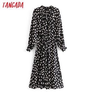 Tangada 2021 Primavera Moda Mulheres Geometria Impressão Laço Laço Camisa Vestido de Manga Longa Escritório Senhoras Midi Vestido com Slash 3A61 210306