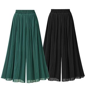 Sommer Europäischen Stil Plissee Frauen Breite Bein Hosen Lose Chiffon Boho Weibliche Länge Hose Elastische Taille Hosen Plus Größe 210721