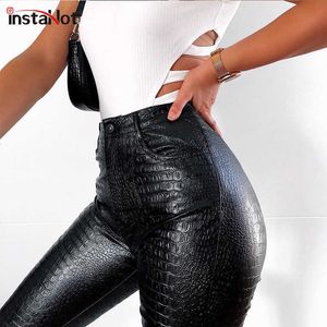 Instahot Czarny Ołówek Faux Skórzane Spodnie Kobiety Casual Elegancka Rzeźba Drukuj Damskie Capris Długość Długość Spodnie Streetwear Spodnie Q0801