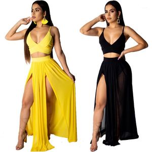 Sommar V Neck Crop Top och Maxi Skirt Set High Split Beach Casual 2 Pieces Outfits för Kvinnor Ladies Chiffong kläder1