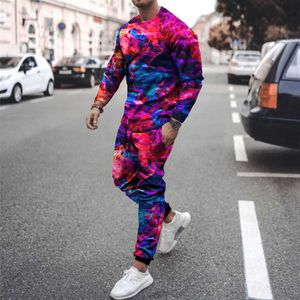 2021 Höst Nya Män Set Fashionabla Mäns Astronaut Tryckt Rund Neck Långärmad T-shirt Casual Suit Two-Pite Suit + Byxor X0909