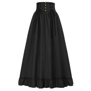 Skirts Steampunk Women Renaissance Skirt Smocked Back High Waist Slim Retro Ruffled Hem Flared A-Line Swing Skater Long