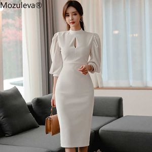 Mozuleva Korea Slim Damska Długość Długość Tkaniny Stojak Neck Lampion Rękaw Wysokowy Talia Bodycon Ol Oficjalna Biała Sukienka robocza 210706