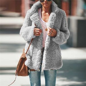 Vinter Kvinnors Coat Faux Fur Coats Lapel Collar Outwear Kvinna Långärmad Top Kvinnor Kläder Varm Lös Lamm Ulljacka Vinter 211007