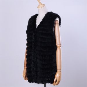 Kvinnors Äkta Kanin Fur Vest Hand Strikkad Gilet Lady Natural Waistcoat Ärmlös Real Coat Jacket 211124