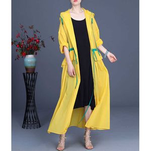 봄과 여름 패션 캐주얼 여성의 윈드 브레이커 재킷 문학 복고풍 인쇄 후드 긴 트렌치 210615