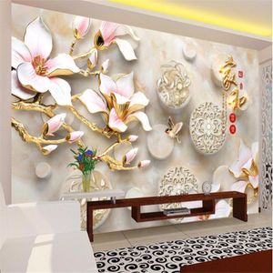 Carta da parati personalizzata 3D Murale Stereo Magnolia Blossom Marble TV Parete Sfondo da parete Carta da parati 3D Papel de Parede