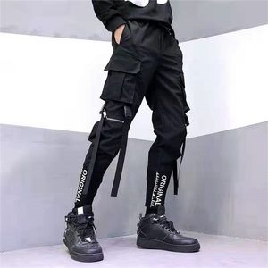 Japanska Fashion Sweatpants StreetWear Cargo Byxor för män Ribbon Fickor Joggers Techwear Herrbyxor Hip Hop 211108
