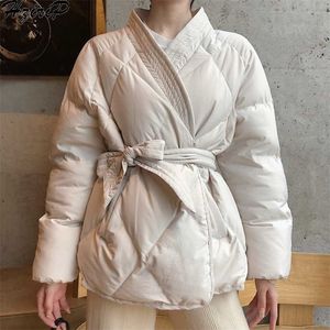 Hziripデザイン女性冬のソリッドなサッシのコート女性の厚い高品質の学生の出雲甘いオフィスの女性のジャケットプラスサイズ211221
