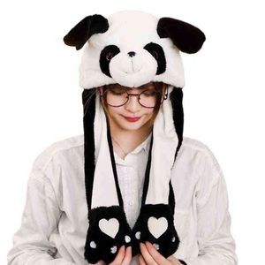 Children Adult Short Plush Cute 3D Cartoon Panda Animal Hat with Moving Ears Double Airbag Paws Warm Earflap Cap Party Props Y21111