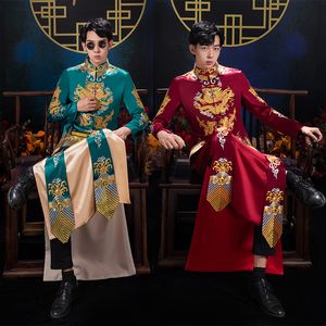 Красный мужской Cheongsam Hanfu, мужской свадебный Ципао для жениха, вышивка в китайском стиле, этническая одежда, халат, куртка, костюм Тан