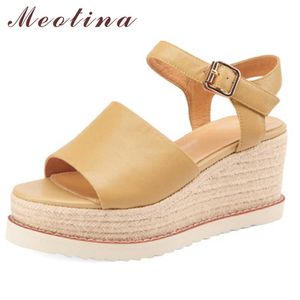 Meotina Damenschuhe Echtleder Sandalen Keile High Heel Sandalen Schnalle Espadrille Schuhe Runde Zehen Damenschuhe Sommer Braun 210608