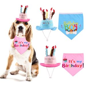 2 PCS / Set Pet Dog Birthday Cachecol Hat Bibs Decoração Pho-Tography Adereços Cabelo Cabeça Colares Colares Costume Acessórios