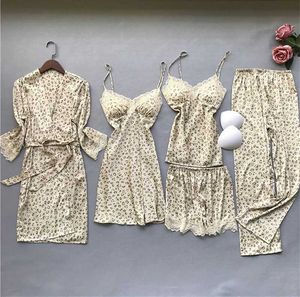 SEXY Beige Kimono Bathrobe Gown Women Satin Pajamas Set Lace Sleepwear Suit Nightwear Autunm Spring Sleep Set Leopard Home Wear Q0706