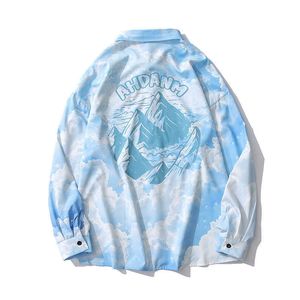 Brand Men Shirts Fashion Streetwear Oversized Shirt Harajuku Lucky Cloud Tie Dye Long Sleeve Shirts Designer Male Clothing 210527