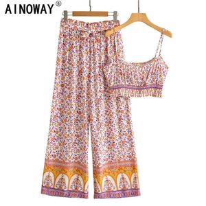 Pink Floral print Women two piece outfits strap Sleeveless tops Bohemian wide leg pants 2 pieces rayon cotton Boho sets 211105