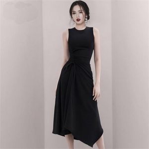 Lato Europejska Elegancka Bez Rękawów Wysoka Talia Slim Long Moda Nieregularna Sukienka Kobieta Biuro Ol Black Party Femme 210603