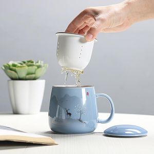 Tazze Piattini Filtro in ceramica Tazza da tè Semplice Grande capacità Coppia Bicchieri Tazza da caffè per uso domestico Con coperchio Porcellana Ufficio Separazione del tè Cu