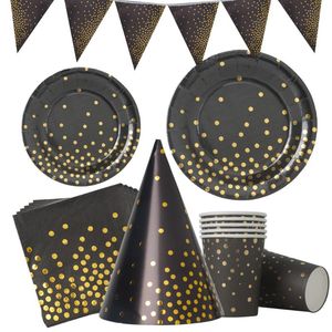 Engångsglasig svart guld dot bronsning papper bordsartiklar set party levererar födelsedag bröllop dekorationer kopp tallrik gyllene