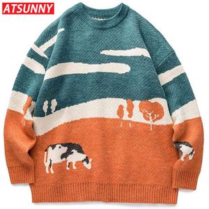 ATSUNNY Men Cows Vintage Winter Sweaters Pullover Mens Korean Fashions Sweater Casual Harajuku Clothes