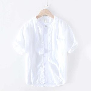 100% Pure Linen Short Sleeve Shirts for Men Casual Fashion Solid White Blue Stand Collar Tops Male Summer Clothing 210601