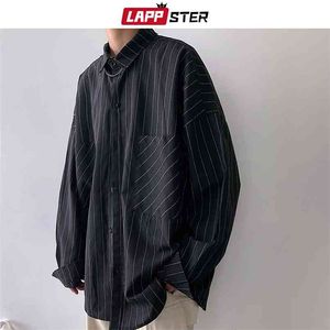 LAPPSTER Men Striped Shirts Streetwear Casual Man Black Oversized White Harajuku Vintage Long Sleeve Shirt For 210809
